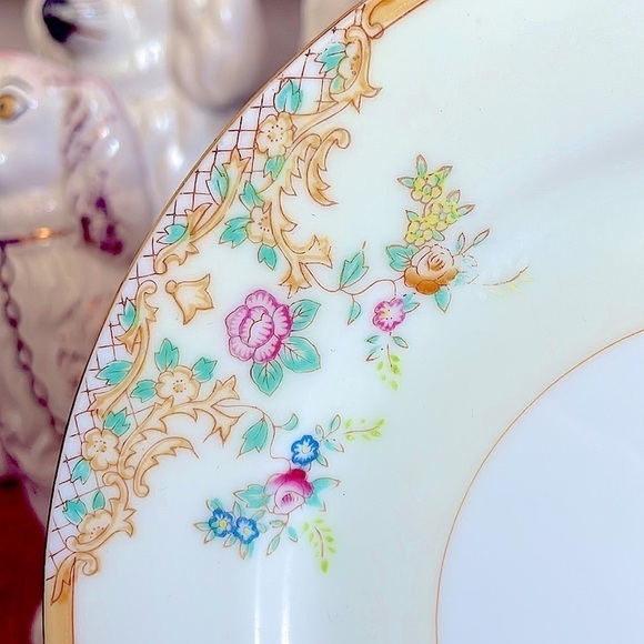 Hand Painted Porcelain Salad Plate Japan Flowers Gold Green Pink Yellow Set of 3 - Picture 3 of 4